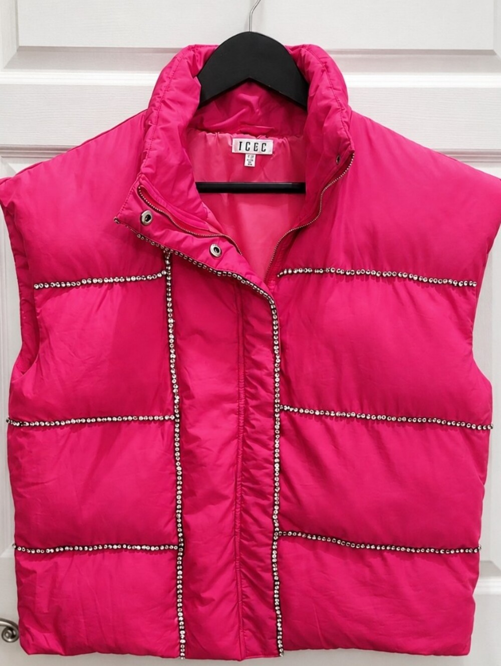 TCEC Hot Pink Rhinestone Trim Puffer Vest Quilted Sleeveless Jacket Small